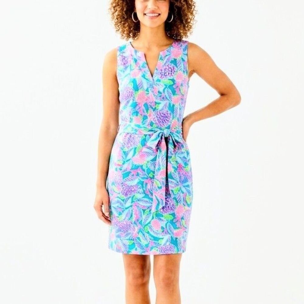 LILLY PULITZER Dress Naila Maldives Green Turtle Wave with Waist Sash Women M